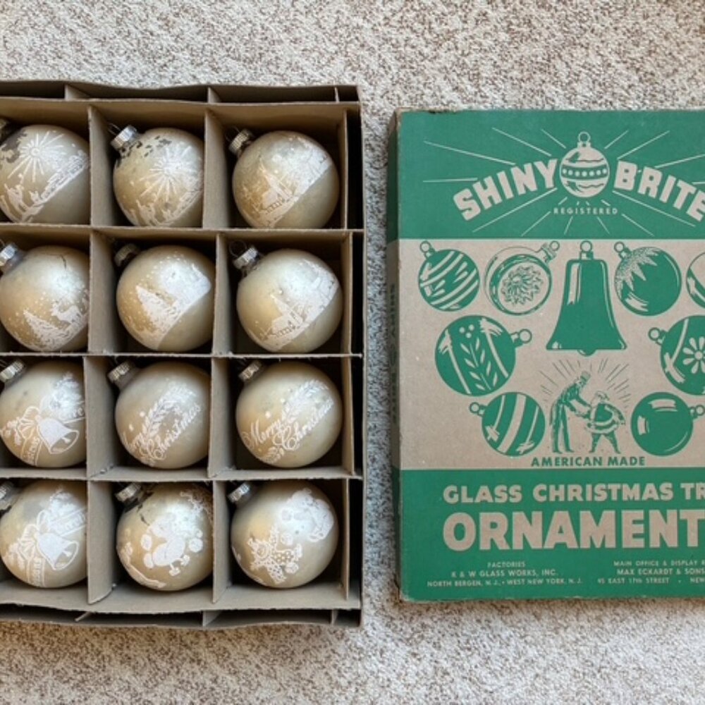 Vintage Shiny Brite Satin Stenciled Mica 12 Flocked Ornaments Boxed Glass